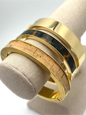 J. Crew Trio Gold Tortoise Cork Hinged Bangle Bracelets